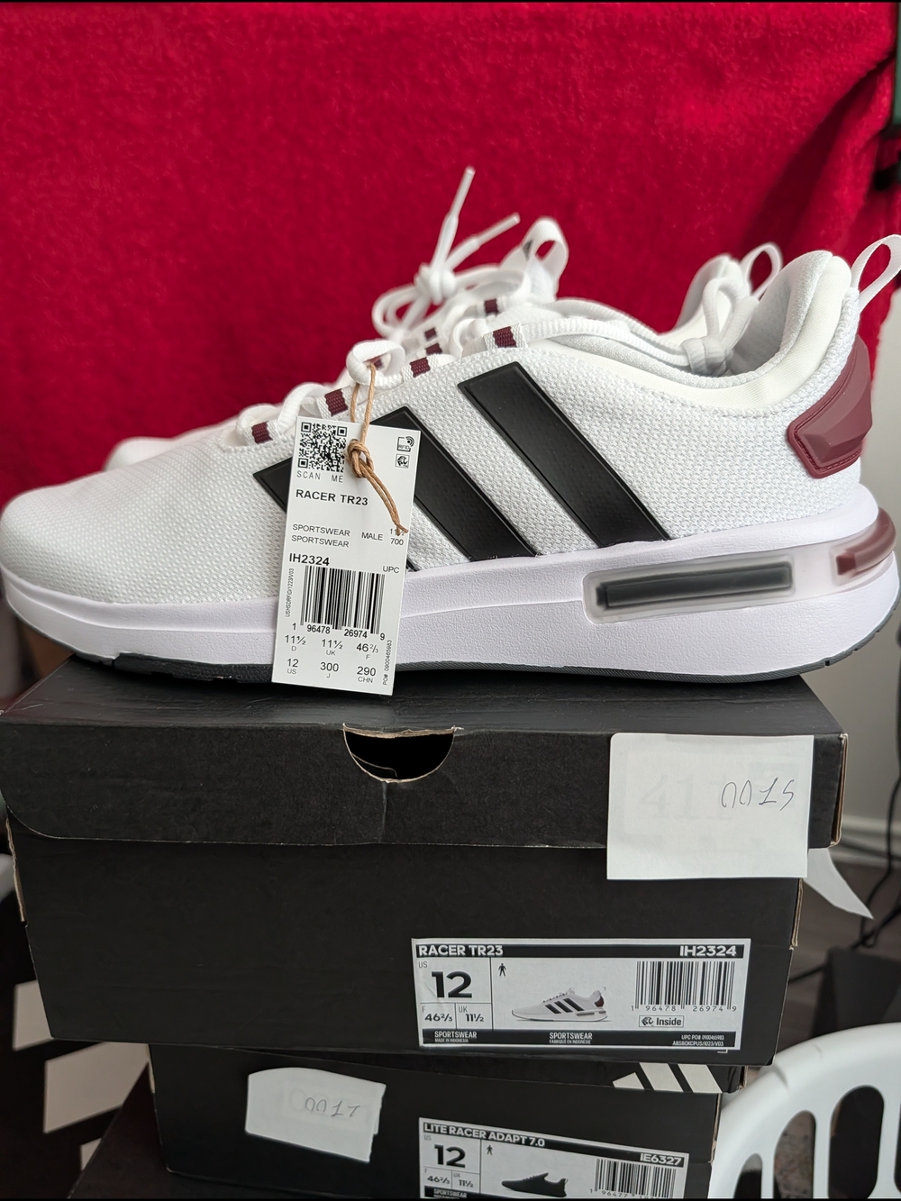 adidas Racer TR 23 White Sneakers with Black Stripes and Burgundy Heel Tab